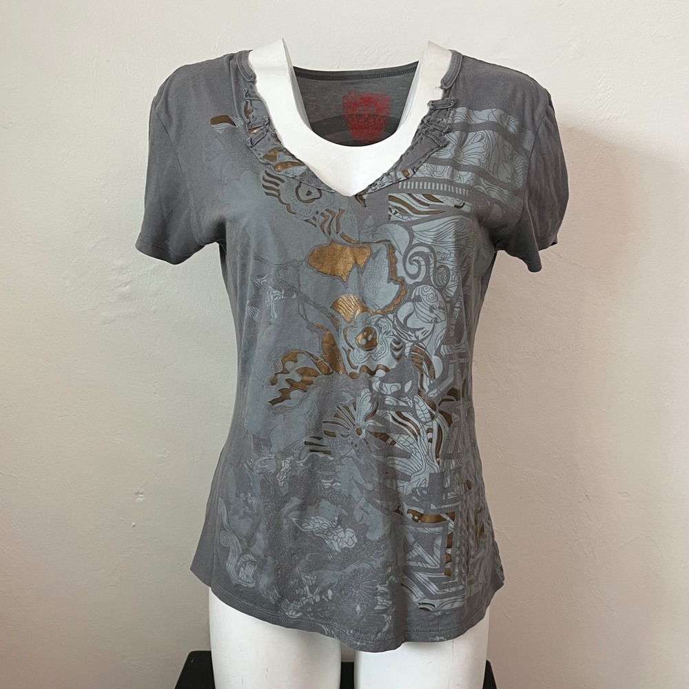 Marithe Francois Girbaud Gray Graphic V-Neck Tee Gold Foil Tribal Print XL